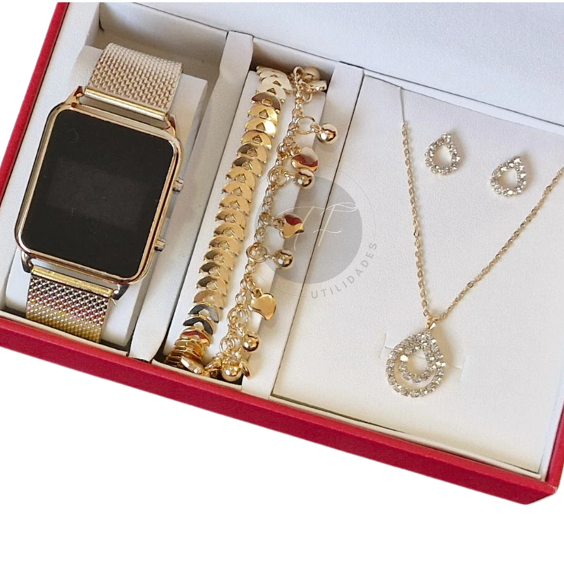 Kit Relógio Led Feminino + Pulseira Colar E Brincos