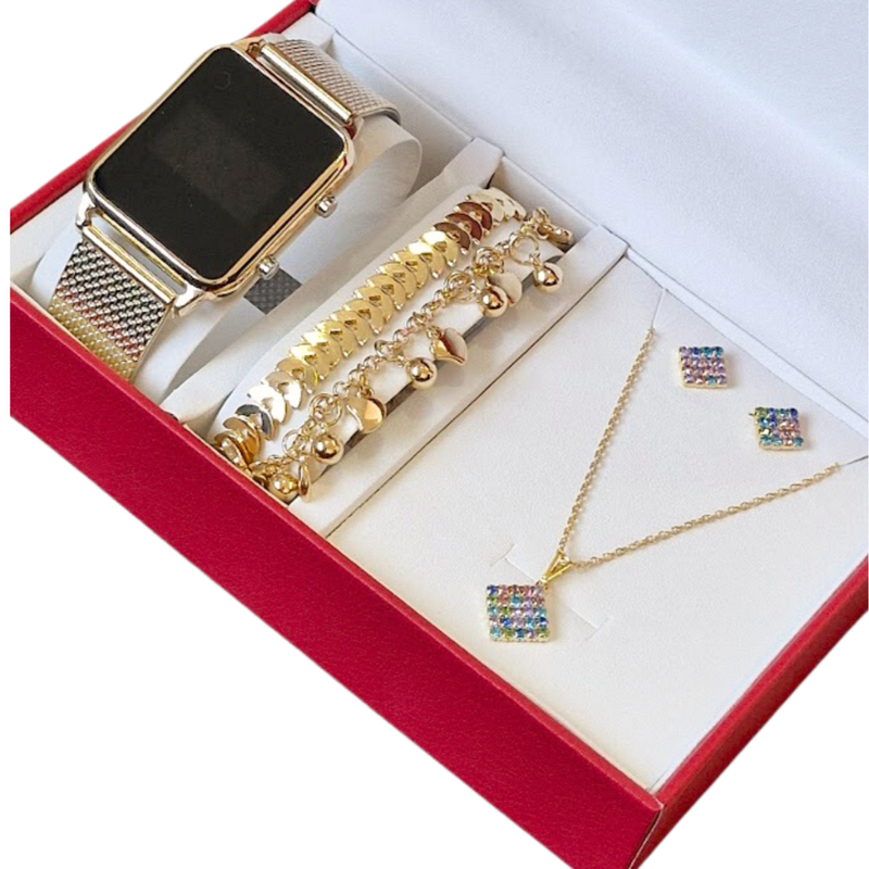Kit Relógio Led Feminino + Pulseira Colar E Brincos