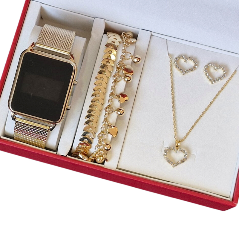 Kit Relógio Led Feminino + Pulseira Colar E Brincos