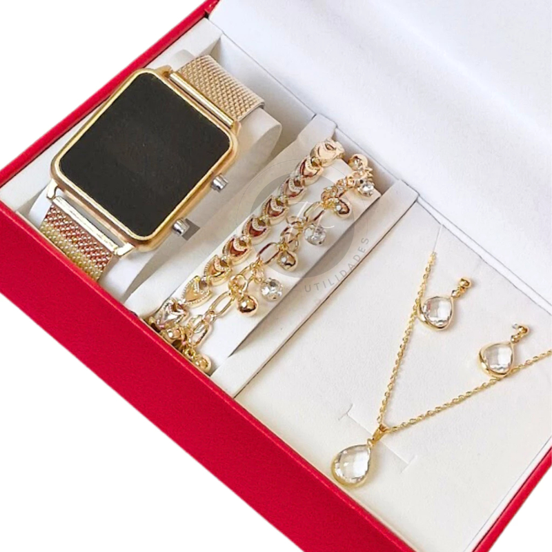 Kit Relógio Led Feminino + Pulseira Colar E Brincos